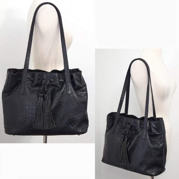 Patricia Nash Leather Drawstring Witney Tote in black croc-embossed leather.